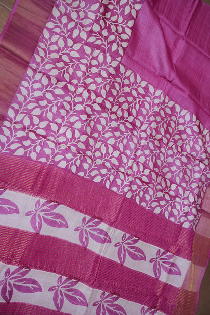 Silk Mark Certified Pure Tussar Silk Saree – Magenta Pink with Silver Leaf Vine Motifs