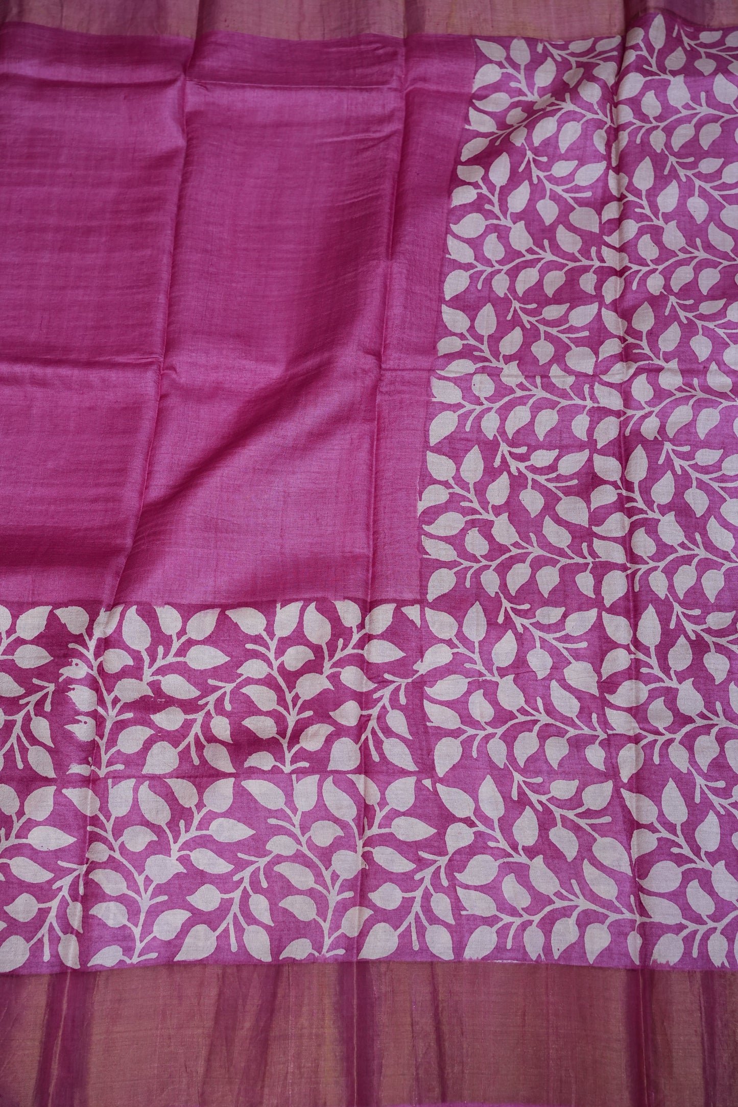 Silk Mark Certified Pure Tussar Silk Saree – Magenta Pink with Silver Leaf Vine Motifs