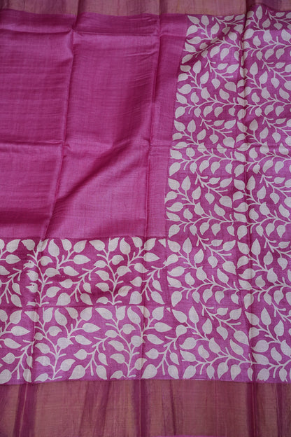 Silk Mark Certified Pure Tussar Silk Saree – Magenta Pink with Silver Leaf Vine Motifs