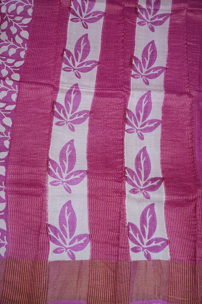 Silk Mark Certified Pure Tussar Silk Saree – Magenta Pink with Silver Leaf Vine Motifs