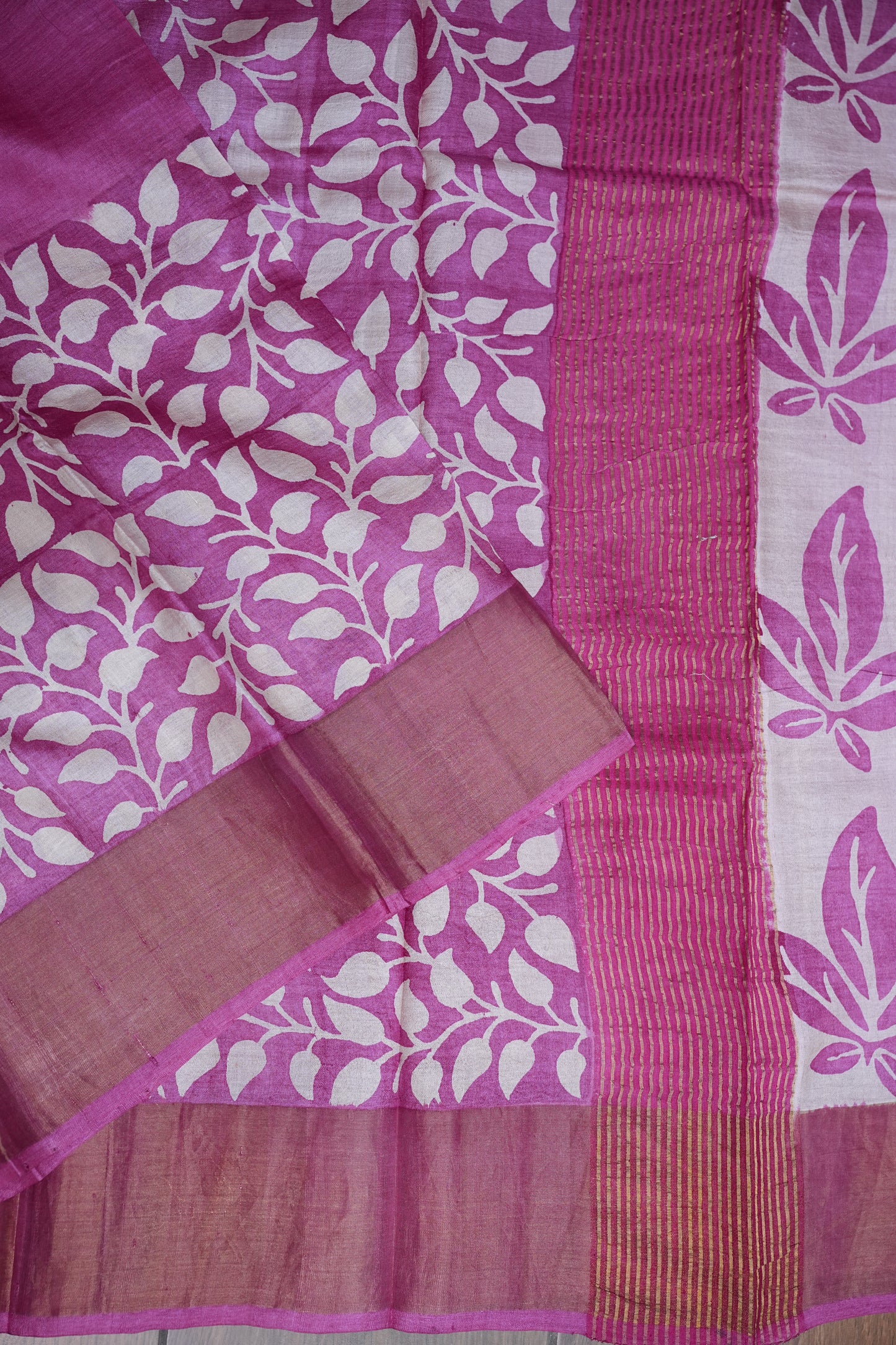 Silk Mark Certified Pure Tussar Silk Saree – Magenta Pink with Silver Leaf Vine Motifs