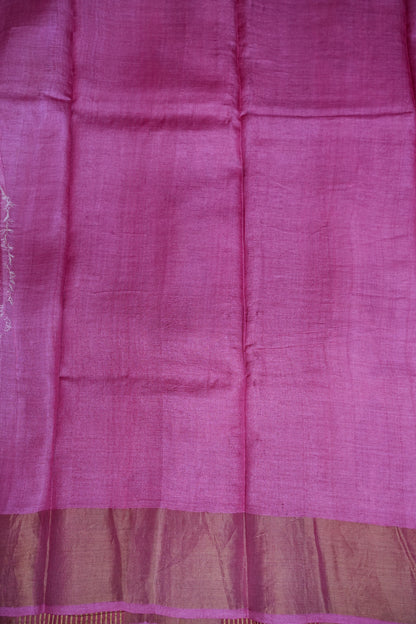 Silk Mark Certified Pure Tussar Silk Saree – Magenta Pink with Silver Leaf Vine Motifs