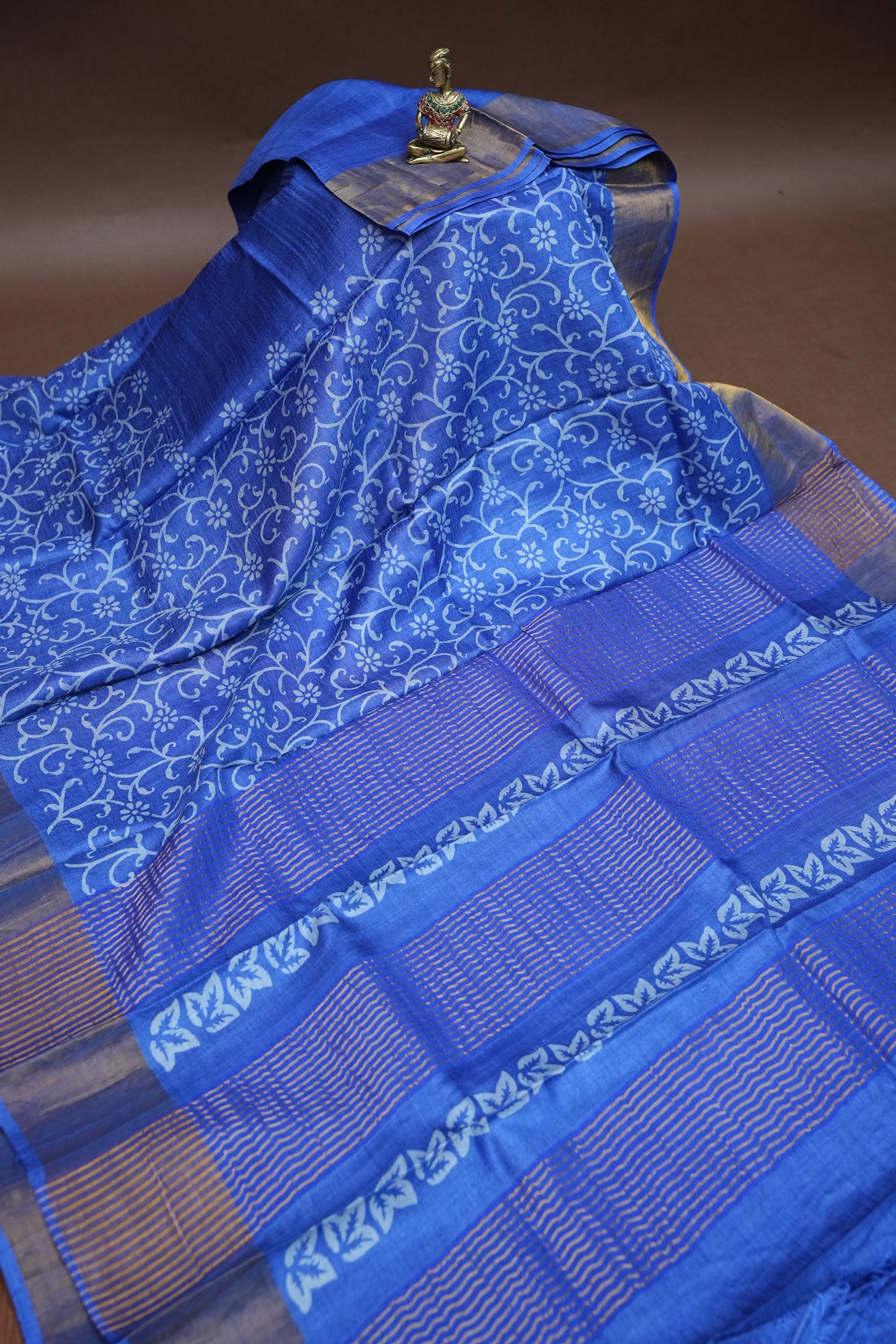 Silk Mark Certified Pure Tussar Silk Saree – Royal Blue with Floral Vine Motifs