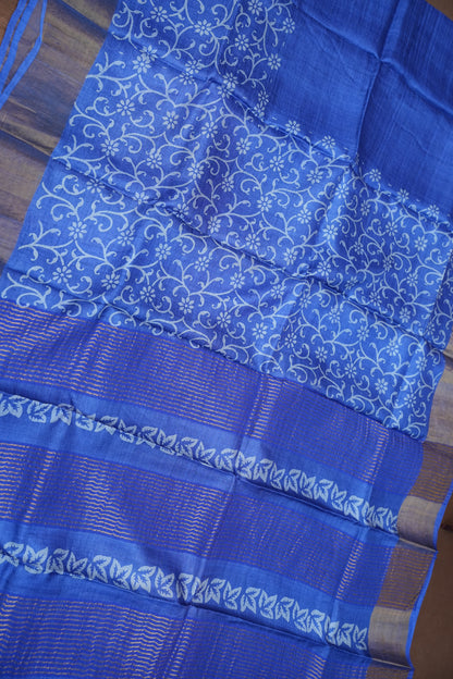 Silk Mark Certified Pure Tussar Silk Saree – Royal Blue with Floral Vine Motifs