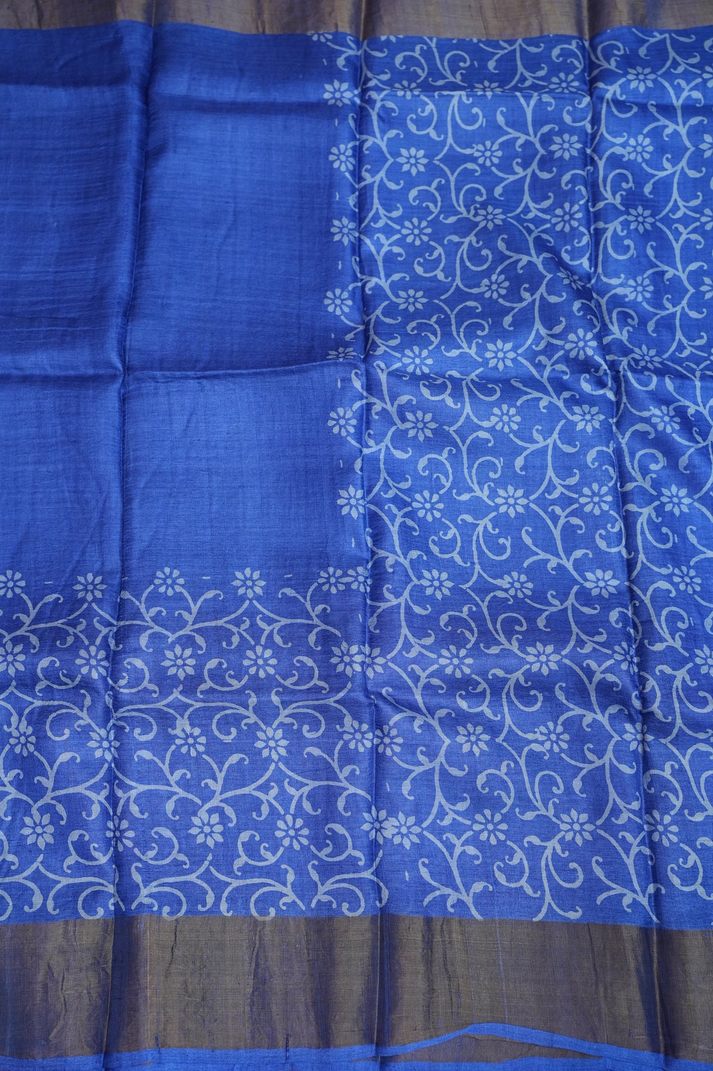 Silk Mark Certified Pure Tussar Silk Saree – Royal Blue with Floral Vine Motifs
