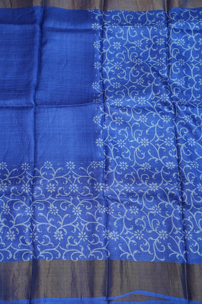 Silk Mark Certified Pure Tussar Silk Saree – Royal Blue with Floral Vine Motifs