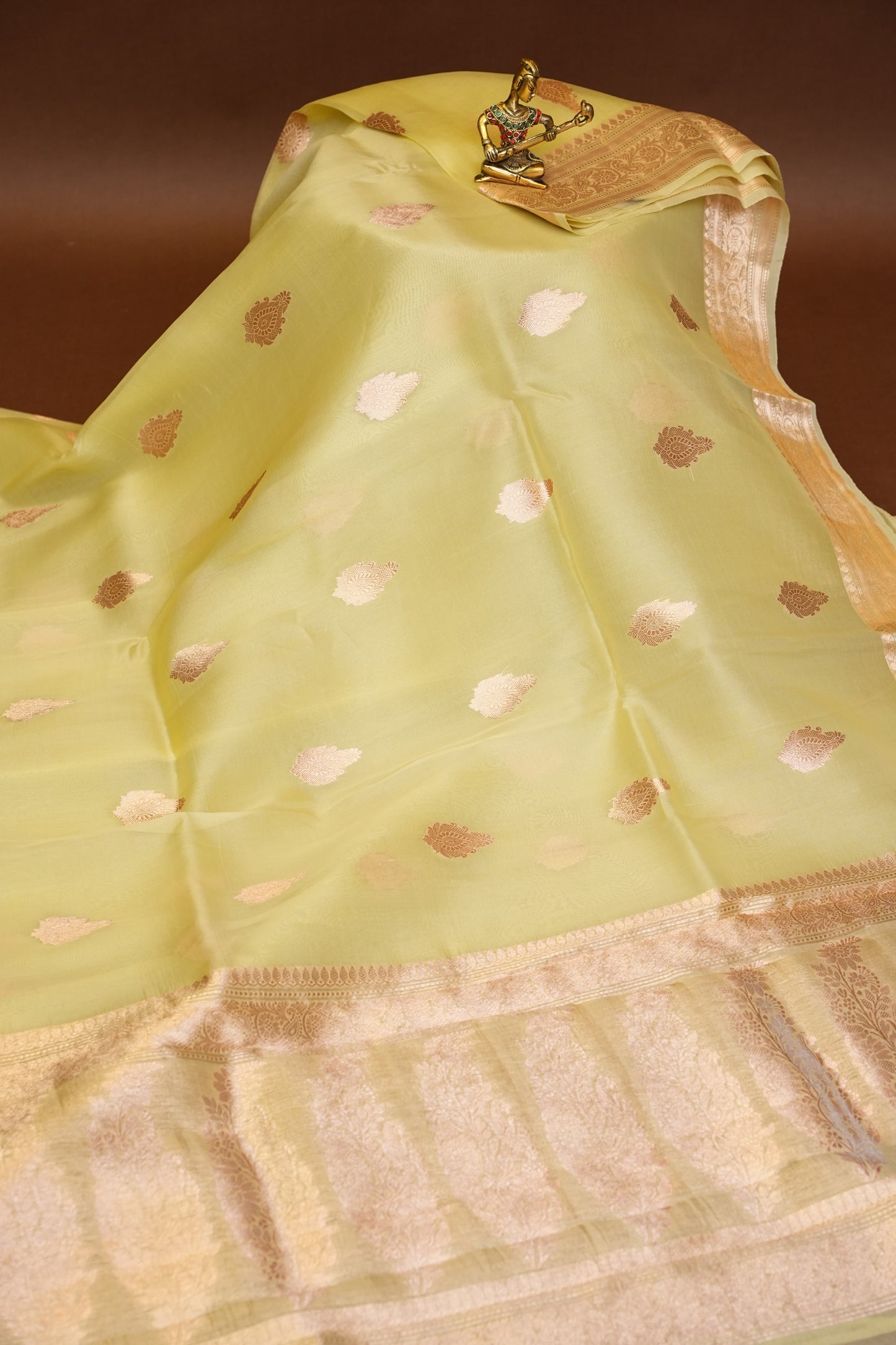Pure Banarasi Organza(Kora) Silk Handloom Saree with Rose Gold Zari Buttas & Border – Lemon Yellow | Silk Mark Certified