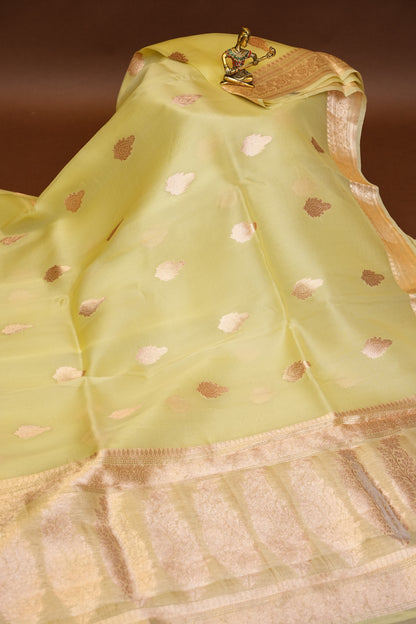 Pure Banarasi Organza(Kora) Silk Handloom Saree with Rose Gold Zari Buttas & Border – Lemon Yellow | Silk Mark Certified
