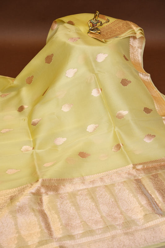 Pure Banarasi Organza(Kora) Silk Handloom Saree with Rose Gold Zari Buttas & Border – Lemon Yellow | Silk Mark Certified