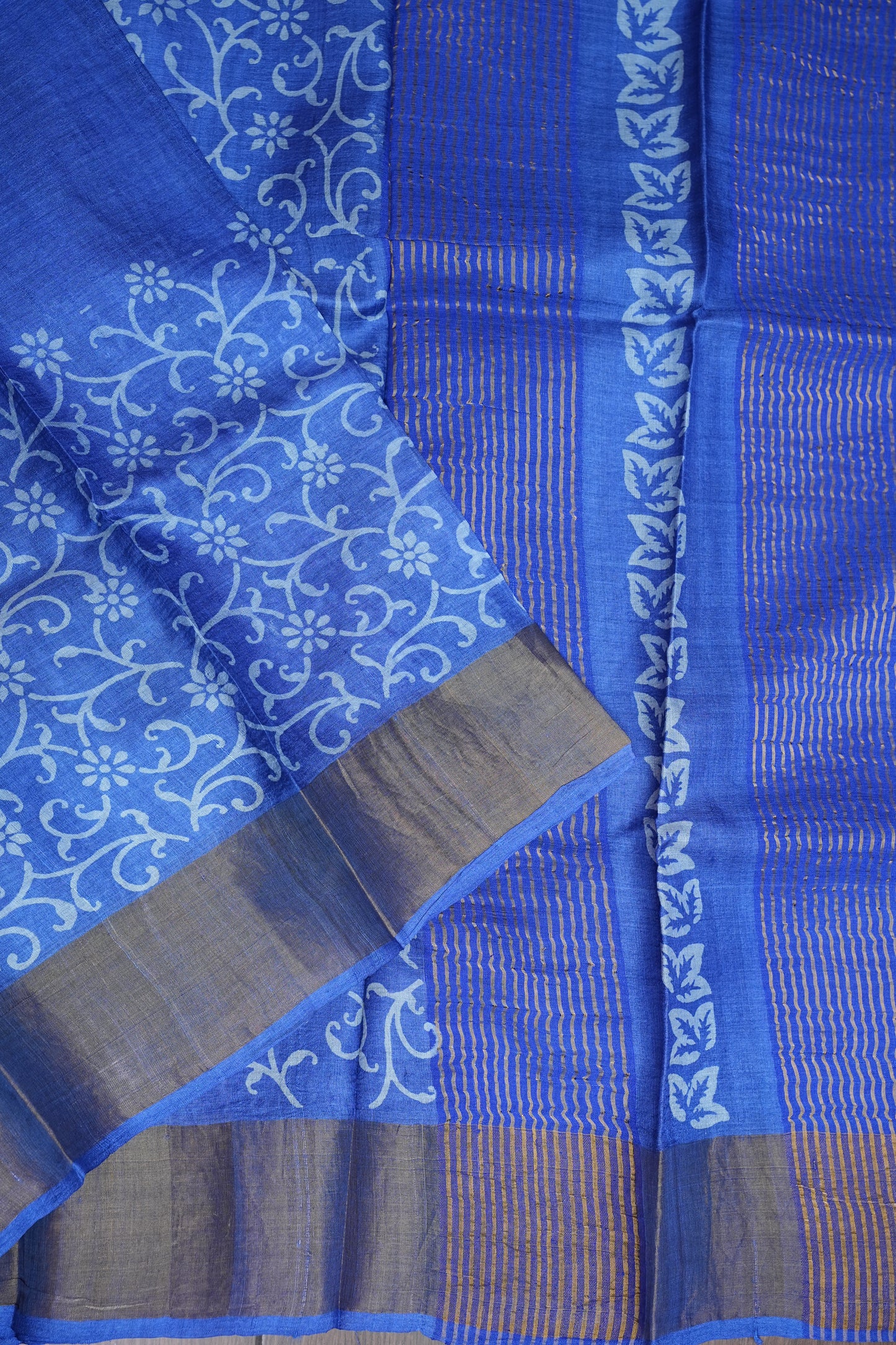 Silk Mark Certified Pure Tussar Silk Saree – Royal Blue with Floral Vine Motifs