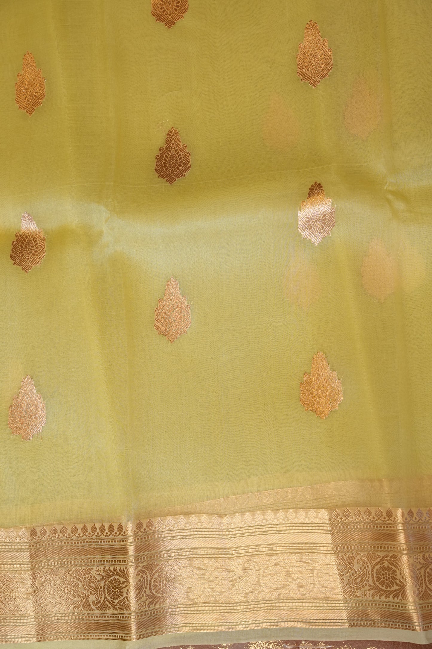 Pure Banarasi Organza(Kora) Silk Handloom Saree with Rose Gold Zari Buttas & Border – Lemon Yellow | Silk Mark Certified