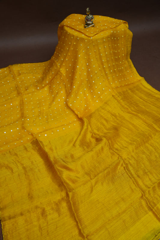 Yellow Pure Muslin by Matka Resham Pure Silk Saree | Silk Mark Certified
