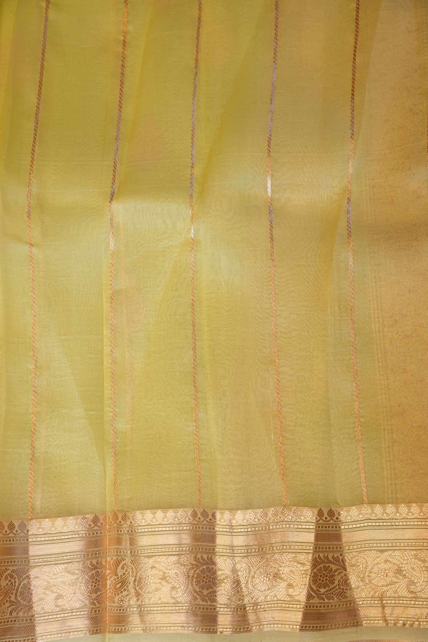 Pure Banarasi Organza(Kora) Silk Handloom Saree with Rose Gold Zari Buttas & Border – Lemon Yellow | Silk Mark Certified