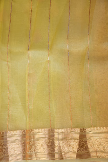 Pure Banarasi Organza(Kora) Silk Handloom Saree with Rose Gold Zari Buttas & Border – Lemon Yellow | Silk Mark Certified