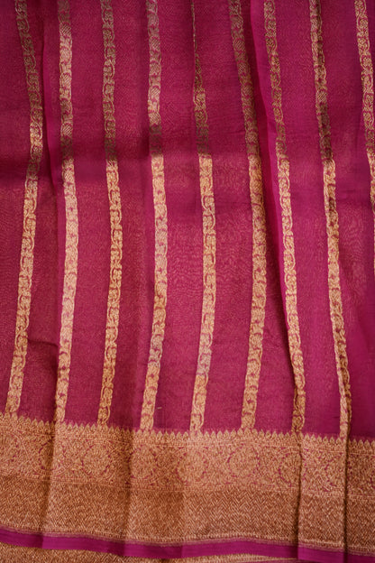 Pure Banarasi Organza(Kora) Silk Handloom Saree with Antique Zari Buttas & Border – Deep Purple & Pink | Silk Mark Certified
