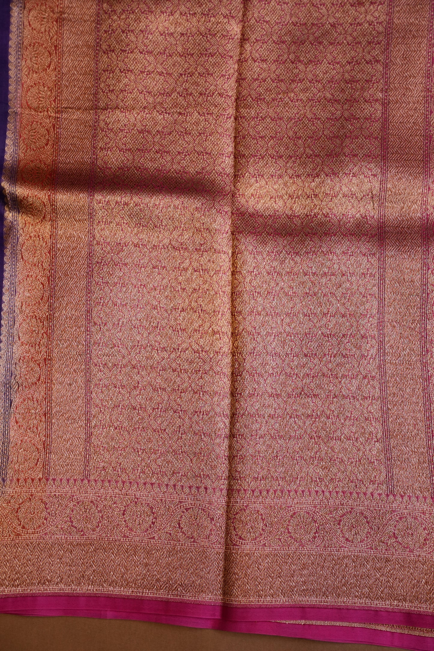 Pure Banarasi Organza(Kora) Silk Handloom Saree with Antique Zari Buttas & Border – Deep Purple & Pink | Silk Mark Certified