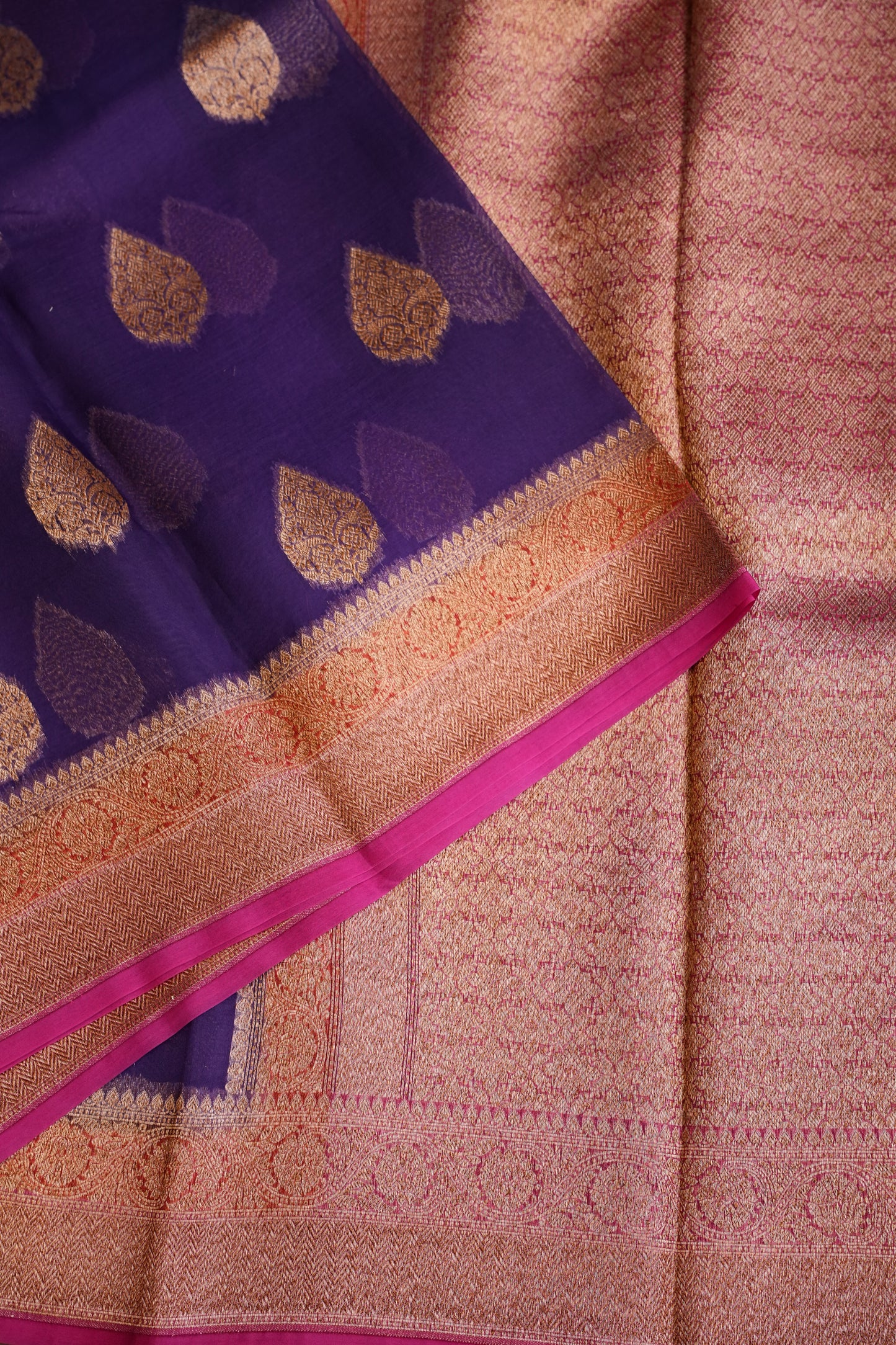 Pure Banarasi Organza(Kora) Silk Handloom Saree with Antique Zari Buttas & Border – Deep Purple & Pink | Silk Mark Certified