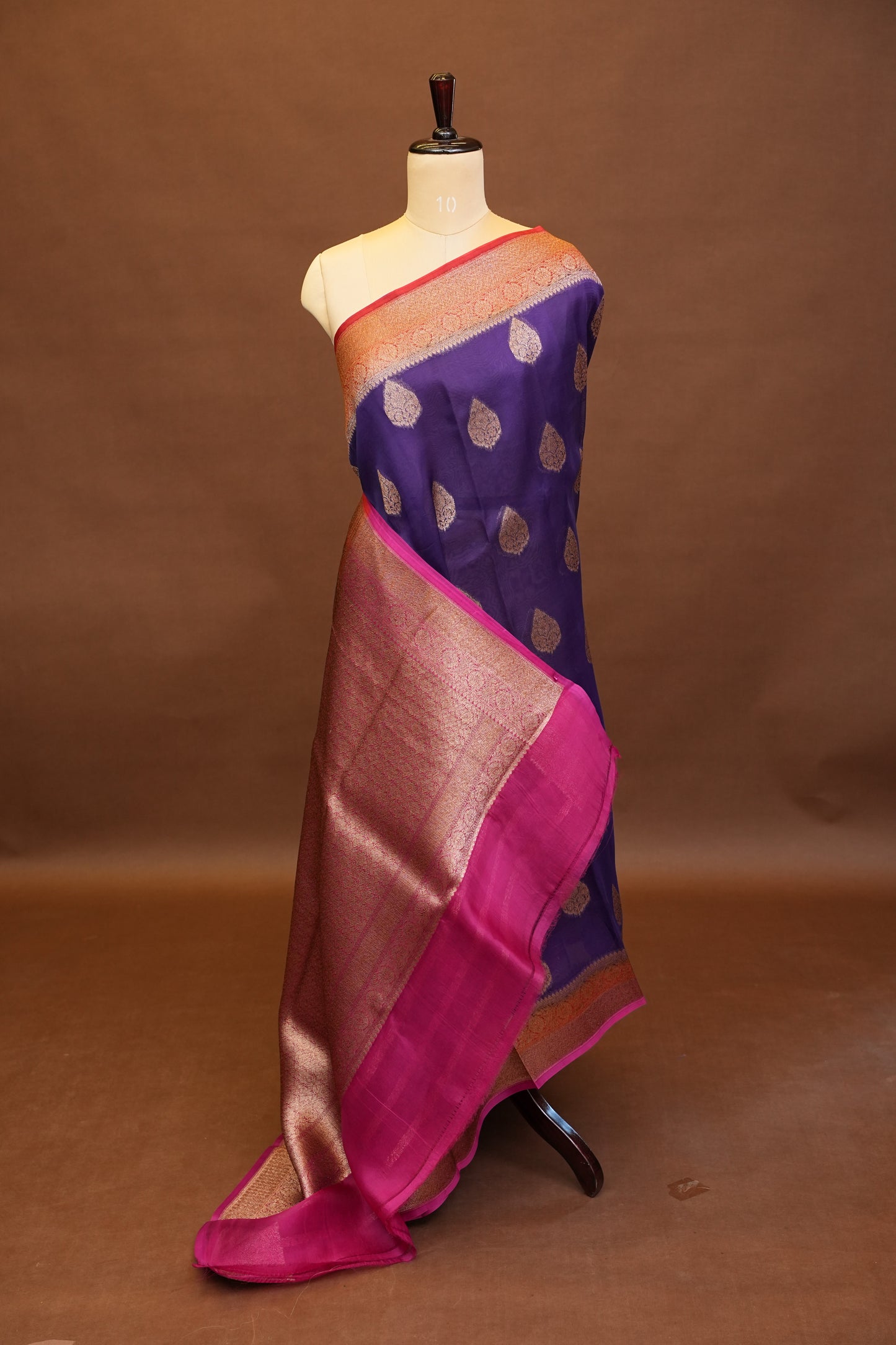 Pure Banarasi Organza(Kora) Silk Handloom Saree with Antique Zari Buttas & Border – Deep Purple & Pink | Silk Mark Certified
