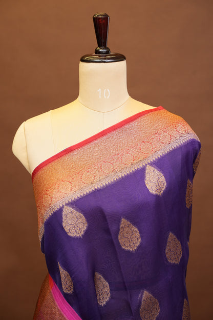Pure Banarasi Organza(Kora) Silk Handloom Saree with Antique Zari Buttas & Border – Deep Purple & Pink | Silk Mark Certified