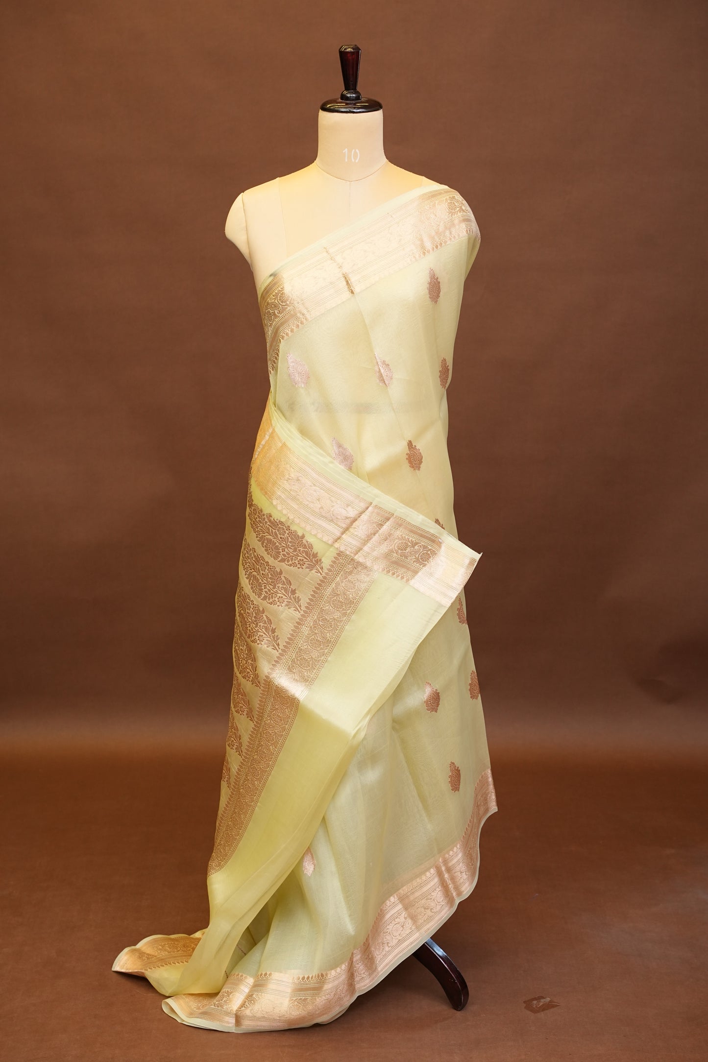 Pure Banarasi Organza(Kora) Silk Handloom Saree with Rose Gold Zari Buttas & Border – Lemon Yellow | Silk Mark Certified
