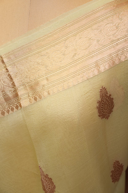 Pure Banarasi Organza(Kora) Silk Handloom Saree with Rose Gold Zari Buttas & Border – Lemon Yellow | Silk Mark Certified