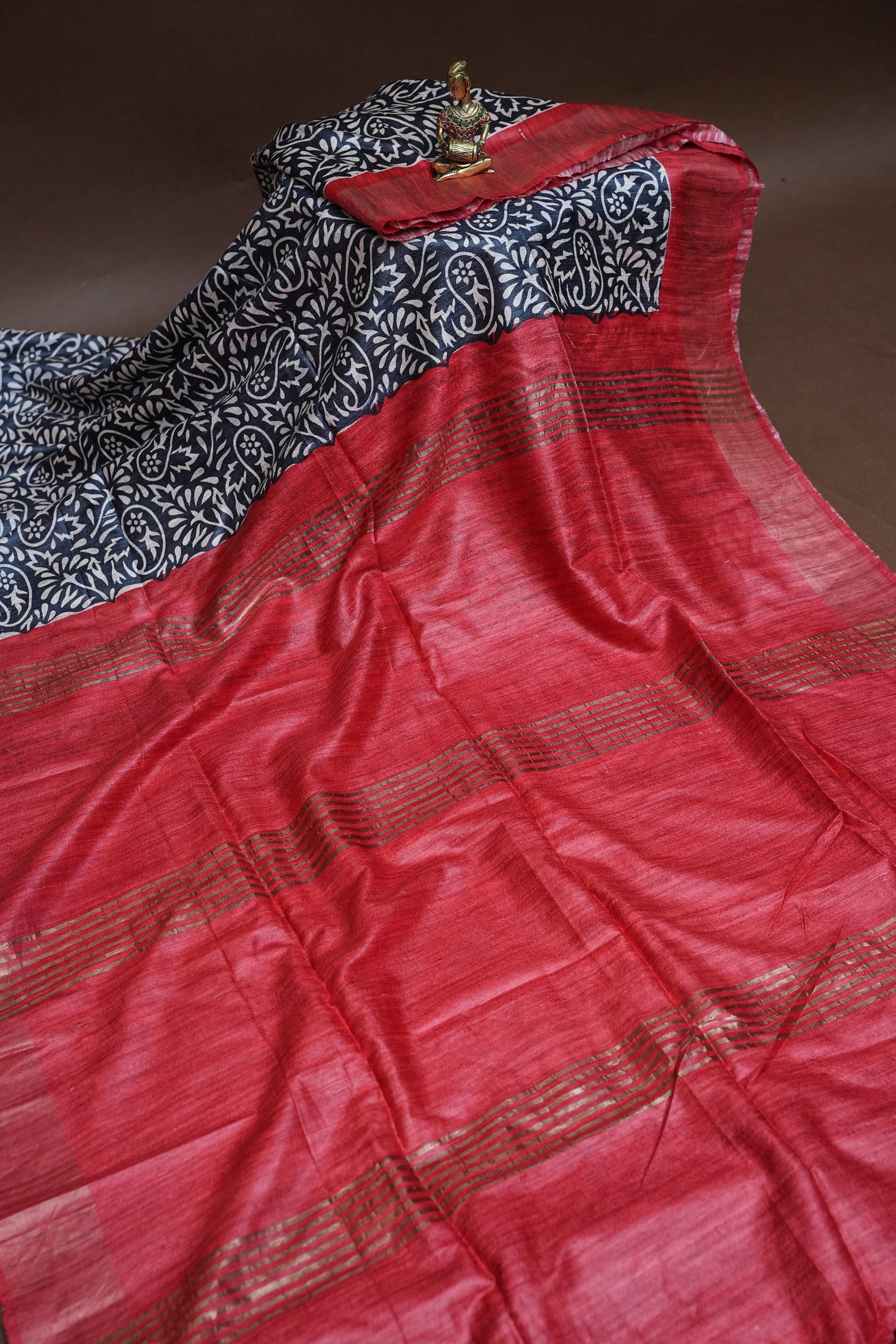 Silk Mark Certified Pure Tussar Silk Saree – Midnight Blue with Paisley Floral Motifs and Ruby Red Pallu