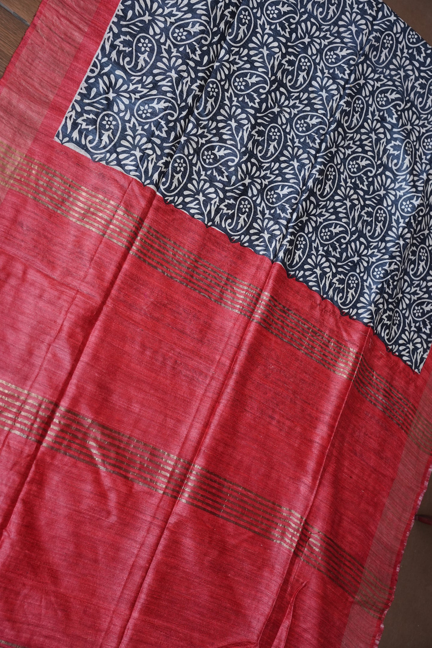 Silk Mark Certified Pure Tussar Silk Saree – Midnight Blue with Paisley Floral Motifs and Ruby Red Pallu