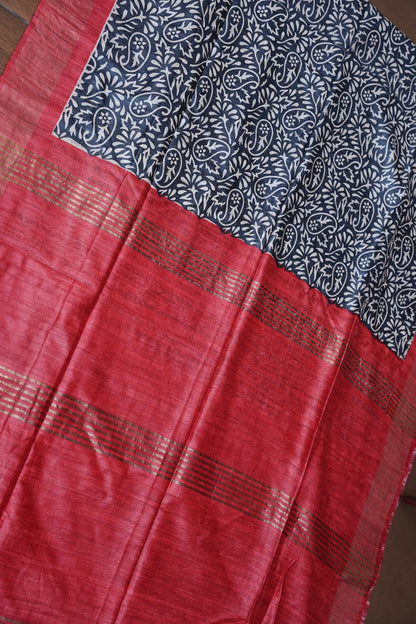 Silk Mark Certified Pure Tussar Silk Saree – Midnight Blue with Paisley Floral Motifs and Ruby Red Pallu