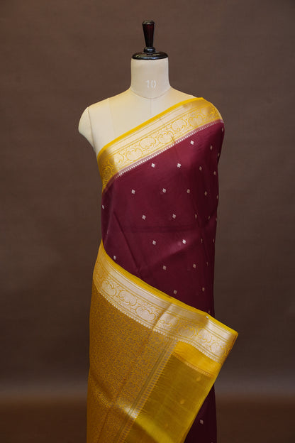 Pure Banarasi Organza (Kora) Silk Handloom Saree with Antique Gold Zari Buttas & Border – Maroon & Mustard | Silk Mark Certified