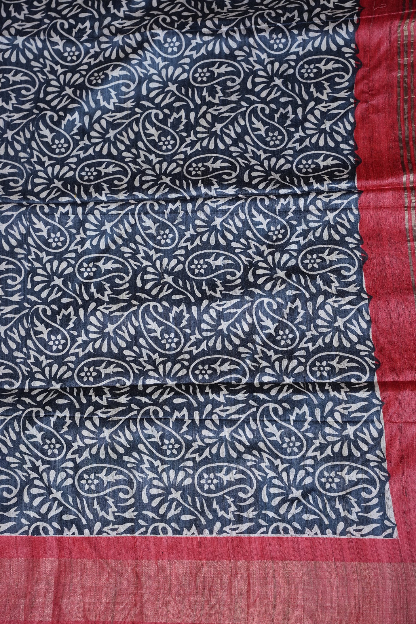 Silk Mark Certified Pure Tussar Silk Saree – Midnight Blue with Paisley Floral Motifs and Ruby Red Pallu