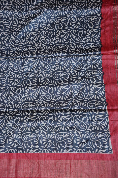 Silk Mark Certified Pure Tussar Silk Saree – Midnight Blue with Paisley Floral Motifs and Ruby Red Pallu