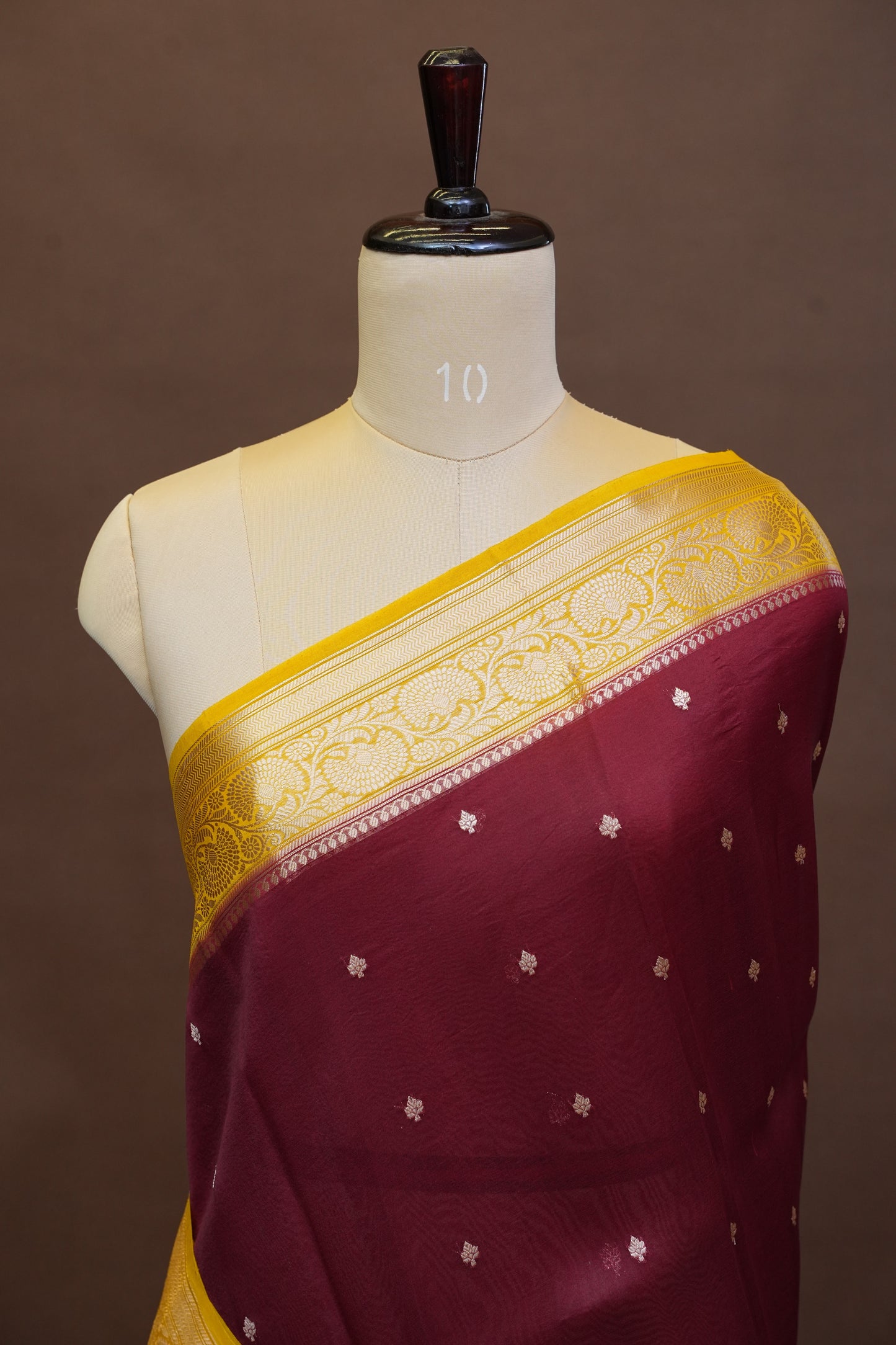 Pure Banarasi Organza (Kora) Silk Handloom Saree with Antique Gold Zari Buttas & Border – Maroon & Mustard | Silk Mark Certified