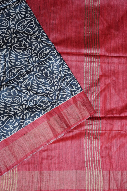 Silk Mark Certified Pure Tussar Silk Saree – Midnight Blue with Paisley Floral Motifs and Ruby Red Pallu