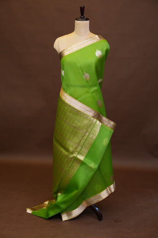 Pure Banarasi Organza(Kora) Silk Handloom Saree with Gold Zari Buttas & Border – Parrot Green | Silk Mark Certified