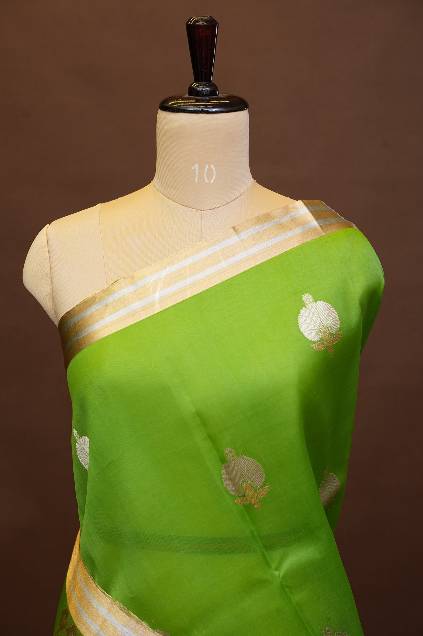 Pure Banarasi Organza(Kora) Silk Handloom Saree with Gold Zari Buttas & Border – Parrot Green | Silk Mark Certified