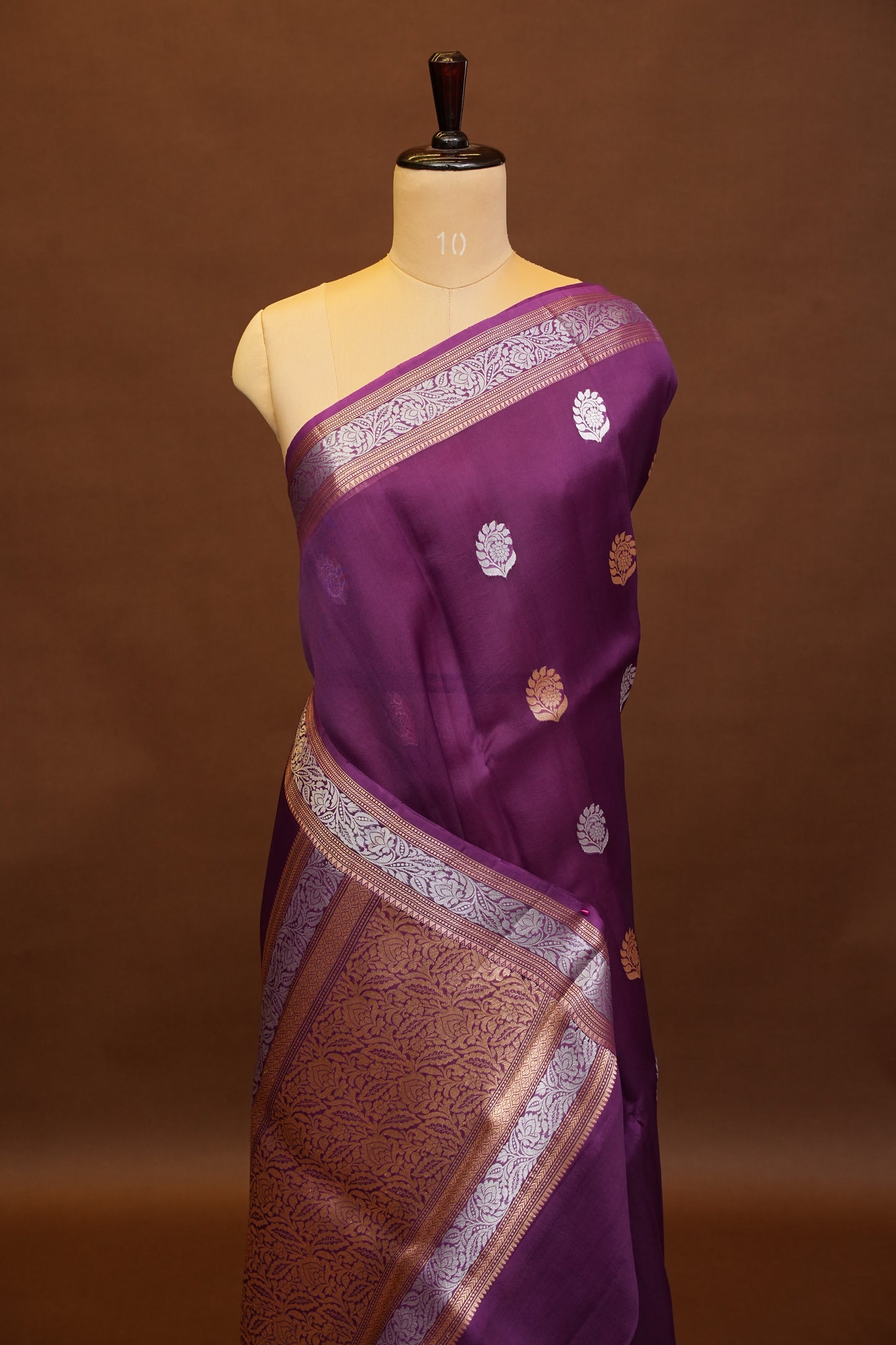 Pure Banarasi Organza(Kora) Silk Handloom Saree with Gold & Silver Zari Buttas – Burgundy | Silk Mark Certified