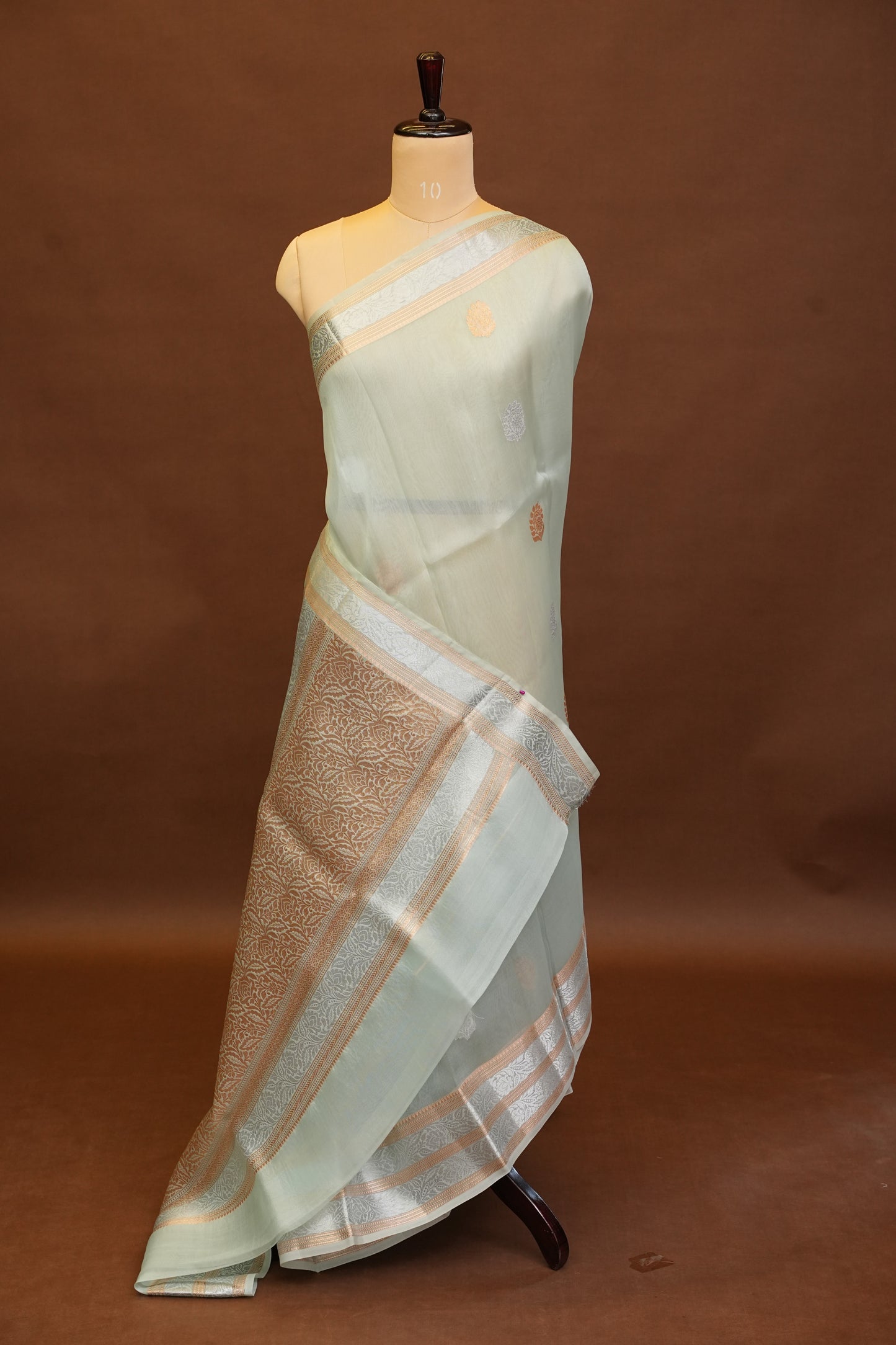 Pure Banarasi Organza(Kora) Silk Handloom Saree with Silver & Gold Zari Buttas & Border – Powder Blue | Silk Mark Certified