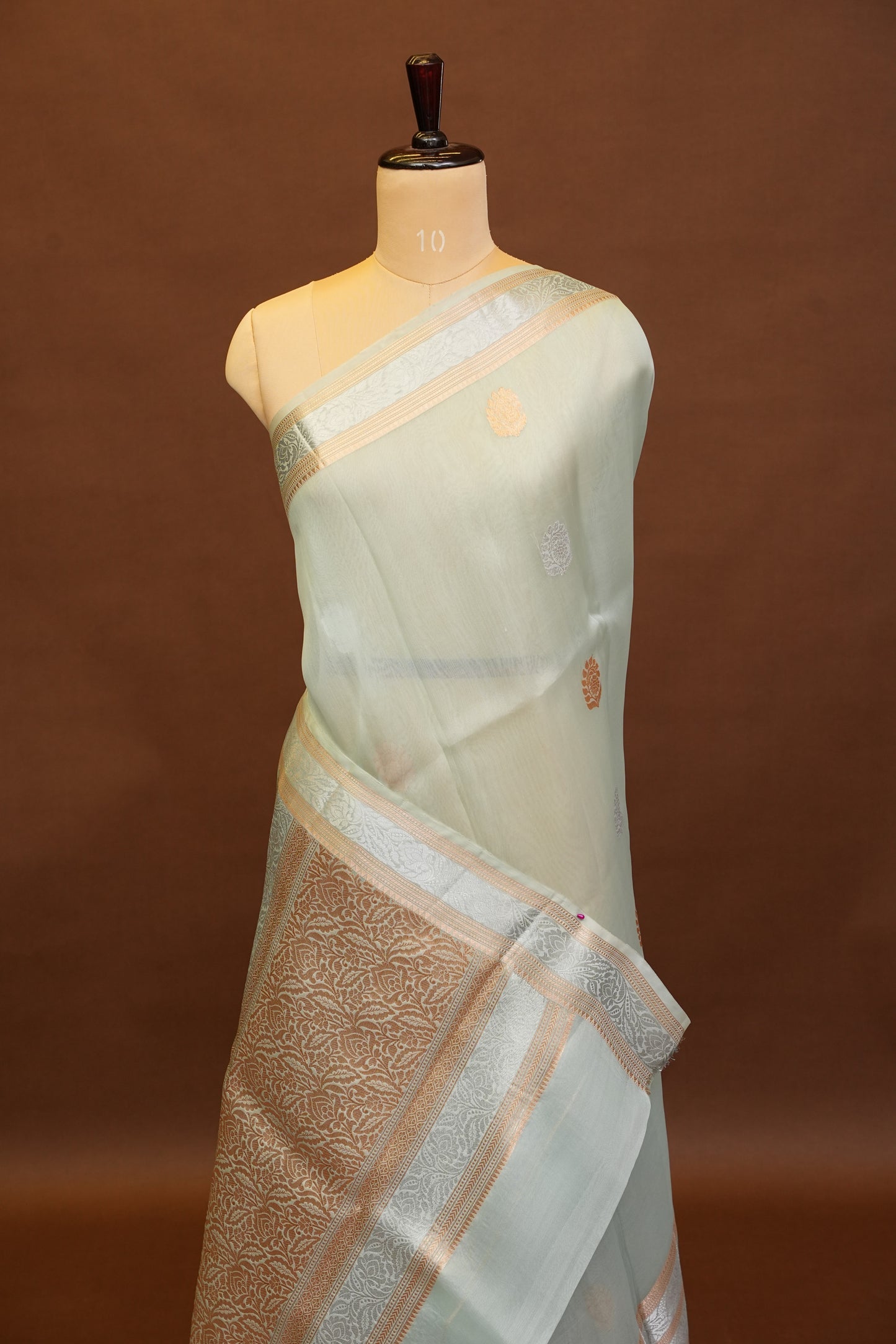 Pure Banarasi Organza(Kora) Silk Handloom Saree with Silver & Gold Zari Buttas & Border – Powder Blue | Silk Mark Certified
