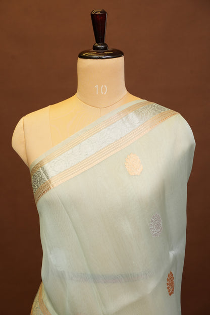 Pure Banarasi Organza(Kora) Silk Handloom Saree with Silver & Gold Zari Buttas & Border – Powder Blue | Silk Mark Certified