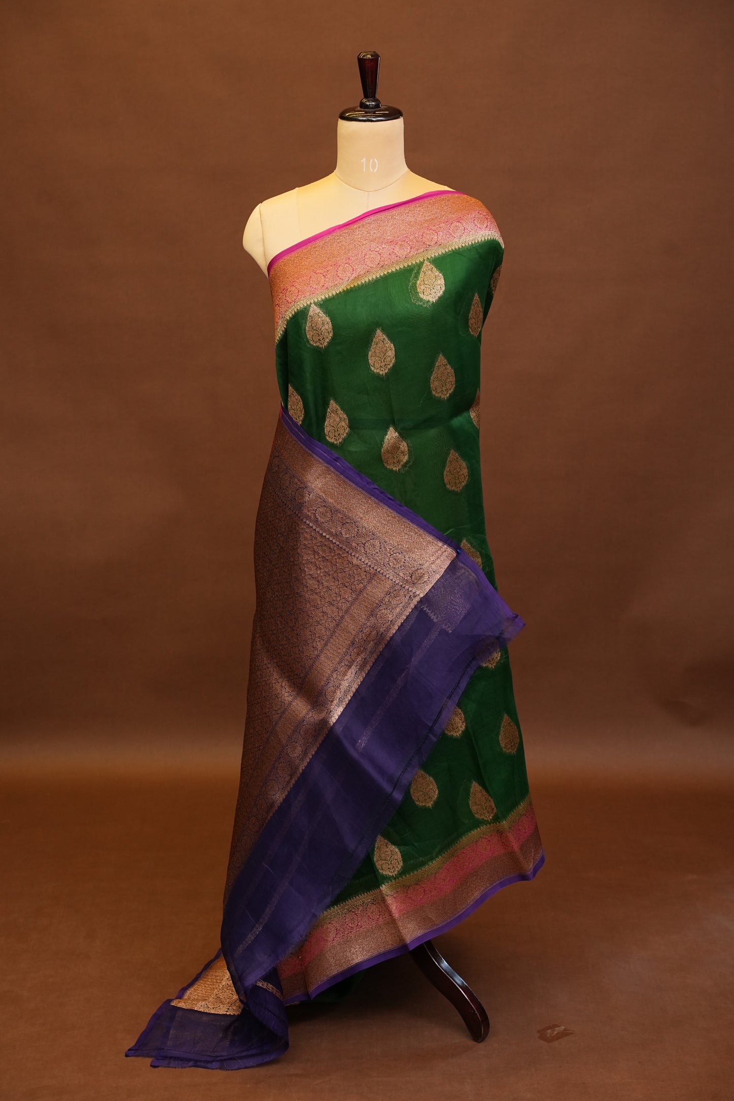 Pure Banarasi Organza(Kora) Silk Handloom Saree with Antique Zari Buttas & Border – Emerald Green with Pink & Purple | Silk Mark Certified