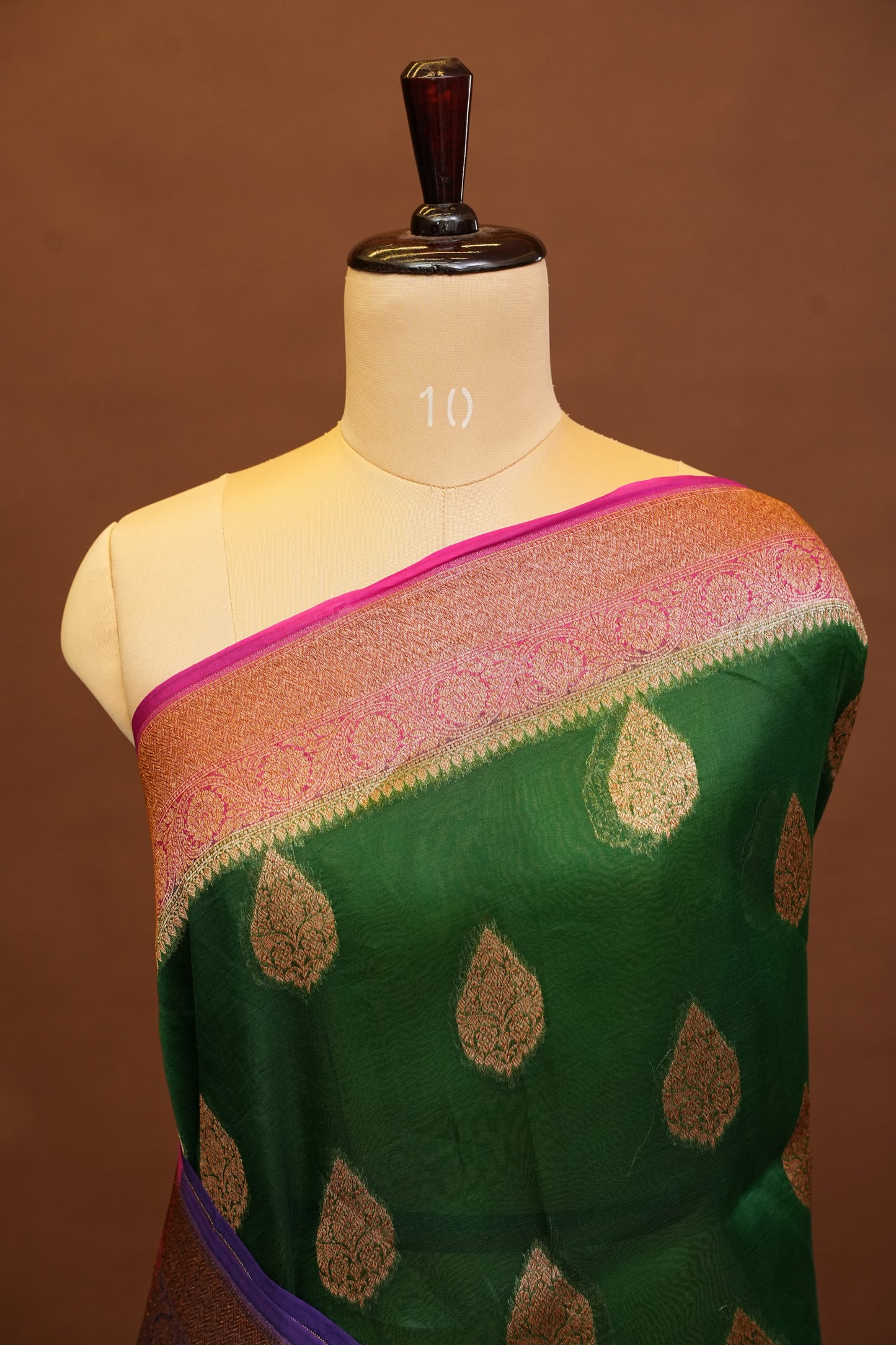 Pure Banarasi Organza(Kora) Silk Handloom Saree with Antique Zari Buttas & Border – Emerald Green with Pink & Purple | Silk Mark Certified