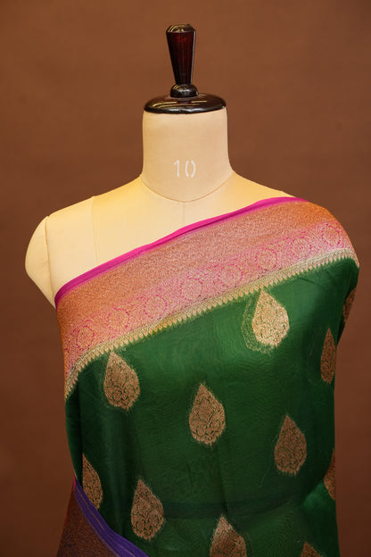 Pure Banarasi Organza(Kora) Silk Handloom Saree with Antique Zari Buttas & Border – Emerald Green with Pink & Purple | Silk Mark Certified