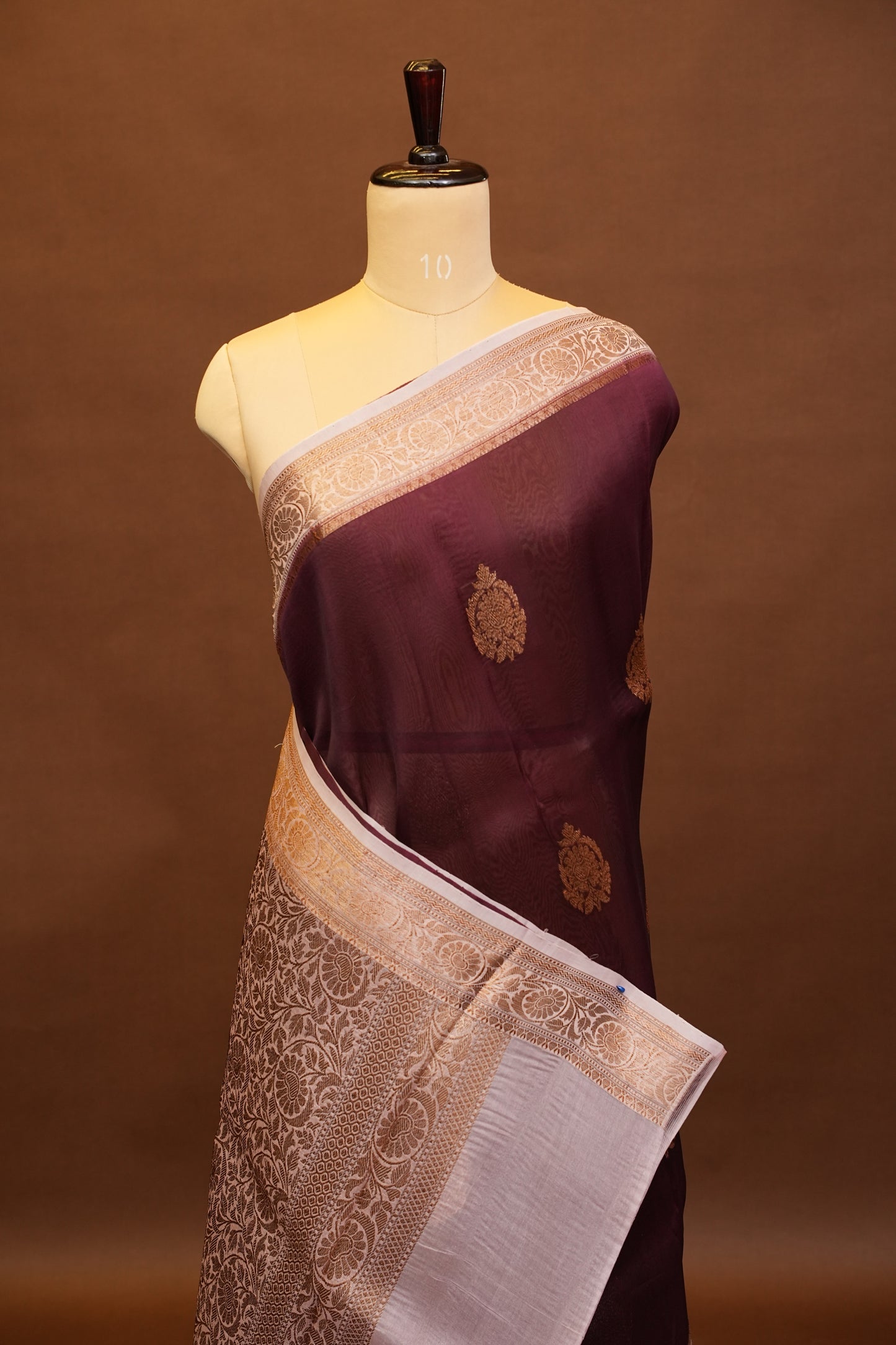 Pure Banarasi Organza (Kora) Silk Handloom Saree with Antique Gold Zari Buttas & Border – Coffee Brown with Baby Pink | Silk Mark Certified