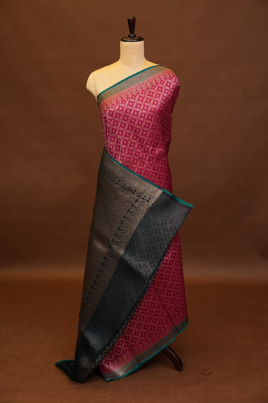 Pure Banarasi Organza(Kora) Silk Handloom Saree with Antique Zari Jaal – Deep Pink with Emerald Green Border | Silk Mark Certified