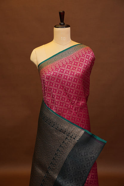 Pure Banarasi Organza(Kora) Silk Handloom Saree with Antique Zari Jaal – Deep Pink with Emerald Green Border | Silk Mark Certified