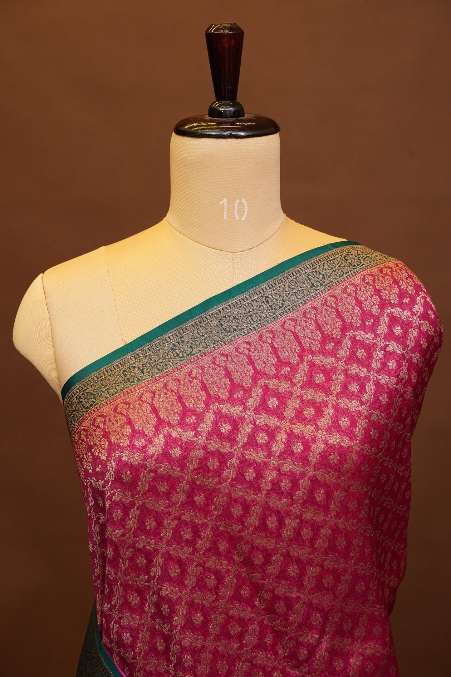 Pure Banarasi Organza(Kora) Silk Handloom Saree with Antique Zari Jaal – Deep Pink with Emerald Green Border | Silk Mark Certified