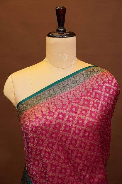 Pure Banarasi Organza(Kora) Silk Handloom Saree with Antique Zari Jaal – Deep Pink with Emerald Green Border | Silk Mark Certified