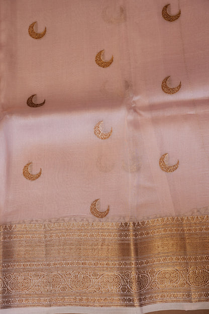 Pure Banarasi Organza(Kora) Silk Handloom Saree with Antique Gold Zari Buttas & Border – Baby Pink | Silk Mark Certified