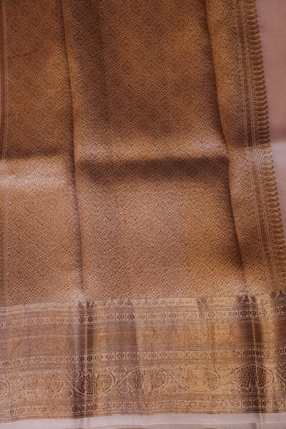 Pure Banarasi Organza(Kora) Silk Handloom Saree with Antique Gold Zari Buttas & Border – Baby Pink | Silk Mark Certified