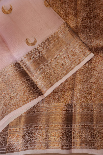 Pure Banarasi Organza(Kora) Silk Handloom Saree with Antique Gold Zari Buttas & Border – Baby Pink | Silk Mark Certified